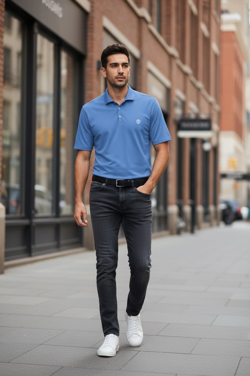 Men’s coin logo polo tee sky blue
